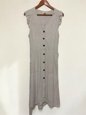 ⁠Monteau Los Angeles Linen Blend Button Front Midi Dress Pockets Oatmeal L⁠